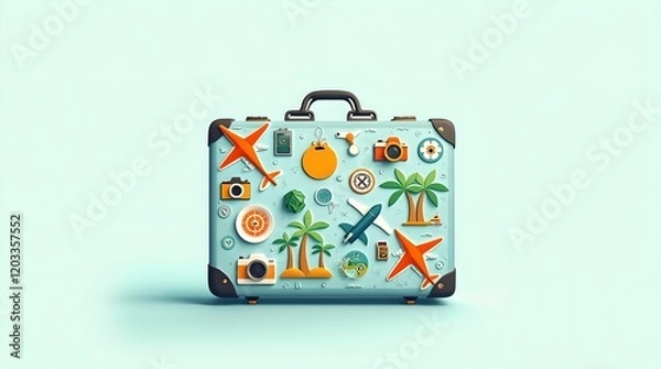 Fototapeta A bright suitcase surrounded by travel-themed elements and tropical landscapes. Illustrated on a white background.