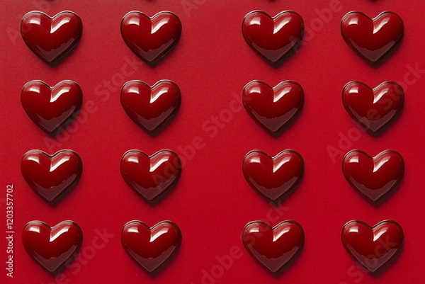 Fototapeta Valentine's Day heart background. A neat arrangement of glossy, red, heart-shaped chocolates placed on a bold red background, symbolizing sweetness and love, ideal for Valentine's Day advertisements.