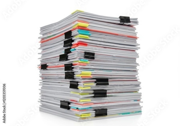 Fototapeta A tall stack of papers with colorful tab dividers and black clips isolated on white background