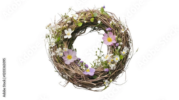 Fototapeta A bird nest with eggs on dry straw and grass, isolated and empty, evoking a natural and peaceful home setting