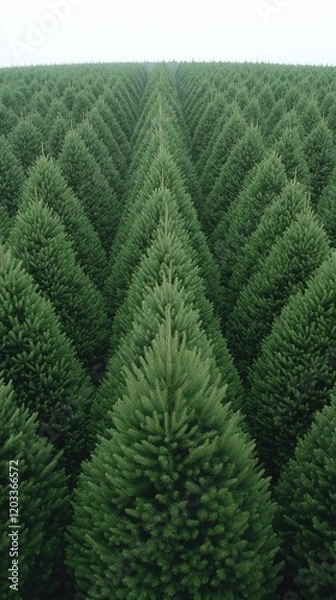 Fototapeta Aerial View of Symmetrical Evergreen Tree Plantation Creating a Stunning Geometric Pattern in Lush Green Landscape