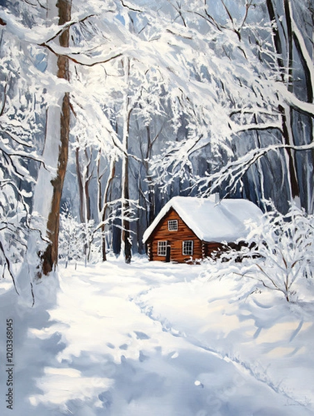 Obraz Cozy wooden cabin illuminated serene snowy forest night icy stream reflecting warm light winter landscape peaceful solitude nature rustic soft chilly crisp quiet frozen wood wallpaper print Christmas