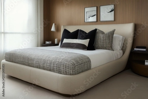 Fototapeta A unique low-profile bed with a curved headboard, styled minimally in a serene modern bedroom
