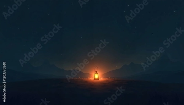 Fototapeta Ethereal Illustration of a Glowing Lantern in a Vast Dark Landscape, Symbolizing Friendship, Support, and Guidance