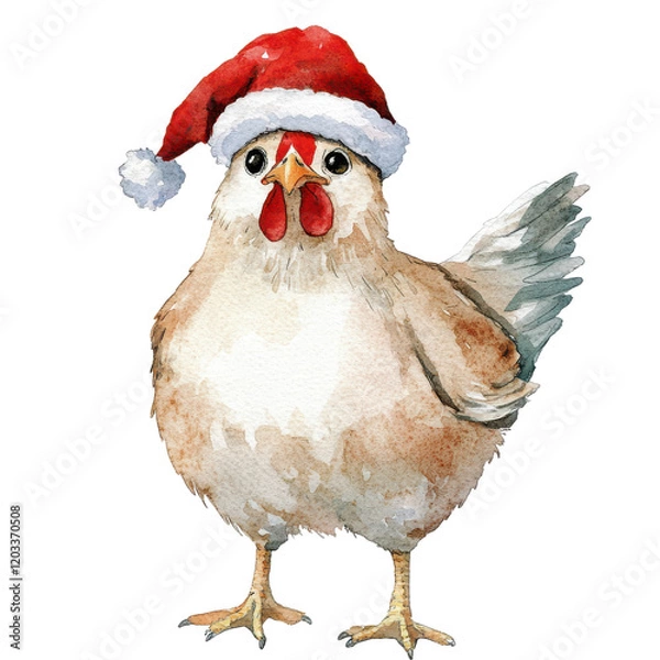 Obraz Festive Christmas Chicken Clipart Vector Illustration – Cute Holiday Hen with Santa Hat and Seasonal Decorations