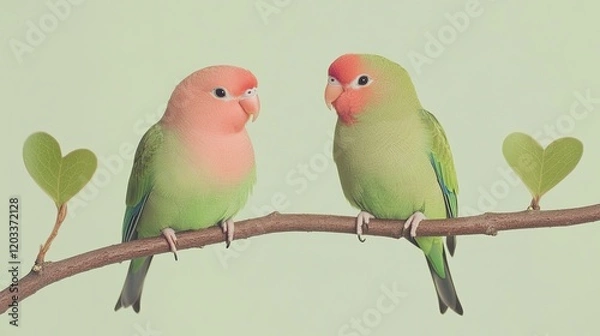 Fototapeta Colorful Lovebirds Perched on Branch with Heart-Shaped Leaves Against Soft Green Background