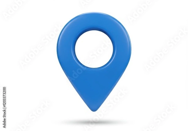 Fototapeta A 3D illustration of a glossy blue location pin with a hollow center floating against a white background