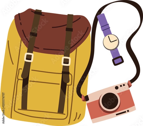 Obraz Travel backpack and camera stuff illustration