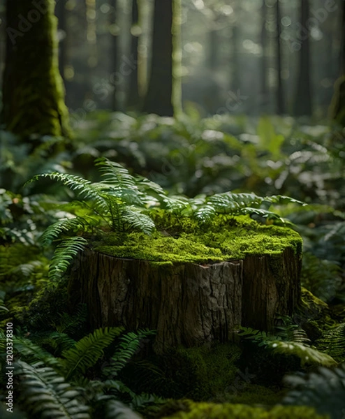 Fototapeta A tree stump in the middle of a dense fern forest, covered with moss. A ready-made background for perfume design
