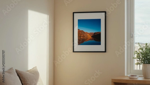 Fototapeta A framed photograph of a beautiful landscape featuring mountains and a lake, hung on a beige wall, illuminated by natural sunlight streaming through a window
