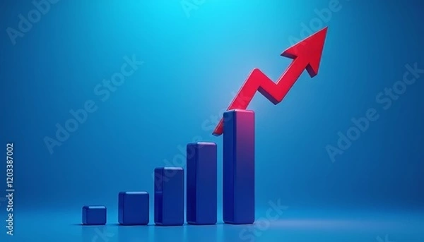 Fototapeta Stylized blue bar graph with a red upward arrow on a vibrant blue background.