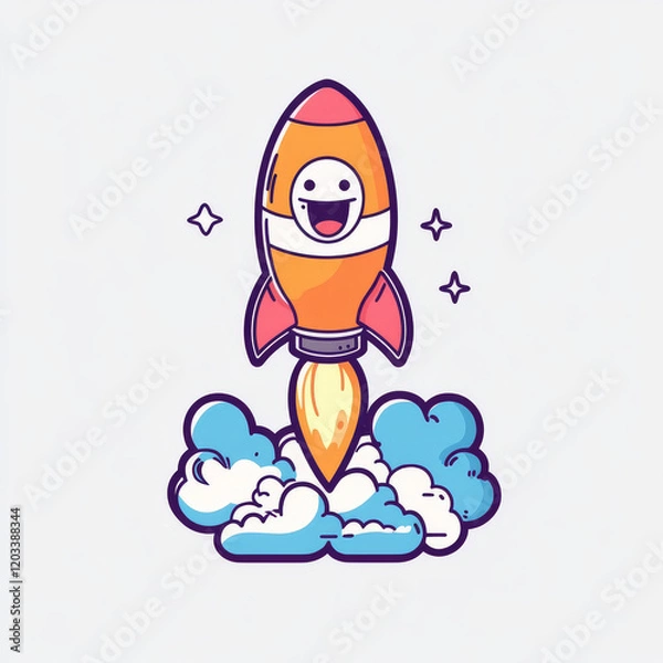 Fototapeta A cheerful rocket is blasting off, surrounded by clouds and sparkles, conveying a sense of excitement and adventure.