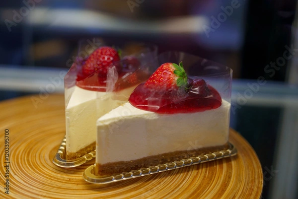 Fototapeta Two pieces of strawberry cheesecake, topped with strawberry jam and fresh strawberries.