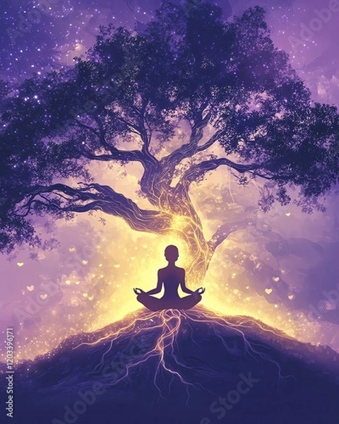 Fototapeta evoking mindfulness with a harmony of nature and neural patterns Meditative person under a glowing tree.