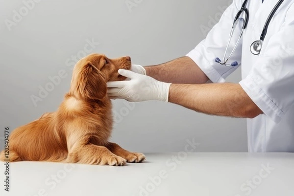 Obraz Veterinary examination of a golden retriever puppy in a clinical setting during a health check-up