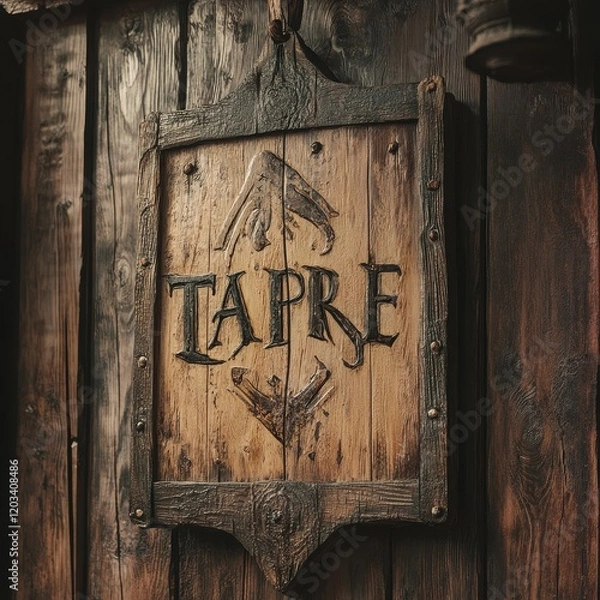 Fototapeta Rustic Wooden Sign:  A close-up shot of an intricately carved wooden sign, displaying the word "TAPRE" in a stylized font, mounted on a weathered wooden background.