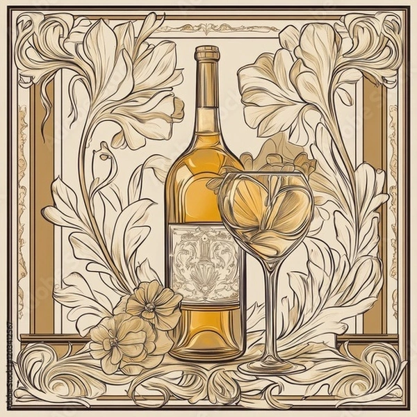 Fototapeta A Toast to Elegance: A bottle of white wine and a stemmed glass rest amongst intricate floral and architectural details in a vintage, stylized illustration.  