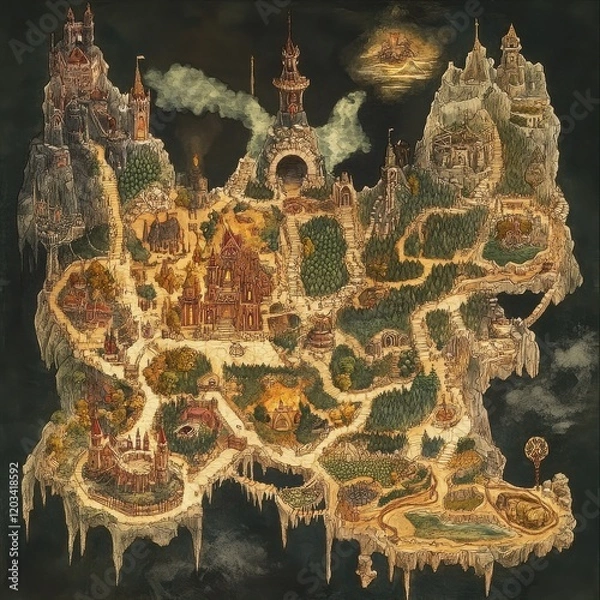 Fototapeta Enchanted Island Kingdom Map: A whimsical, hand-drawn map depicts a fantastical island kingdom, complete with castles, forests, and winding paths, evocative of fairytales and adventure.
