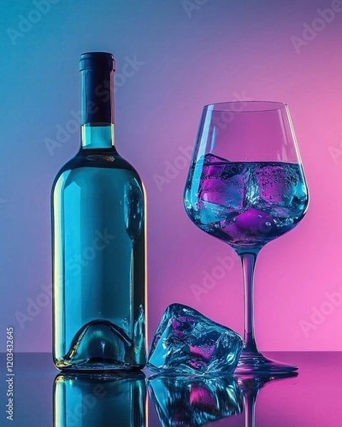 Fototapeta a wine bottle with a color glass cold of gin on ice Colorful wine bottle and glass with ice cubes.