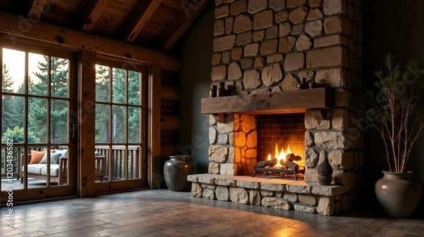 Fototapeta Cozy stone fireplace in a rustic log cabin with a view