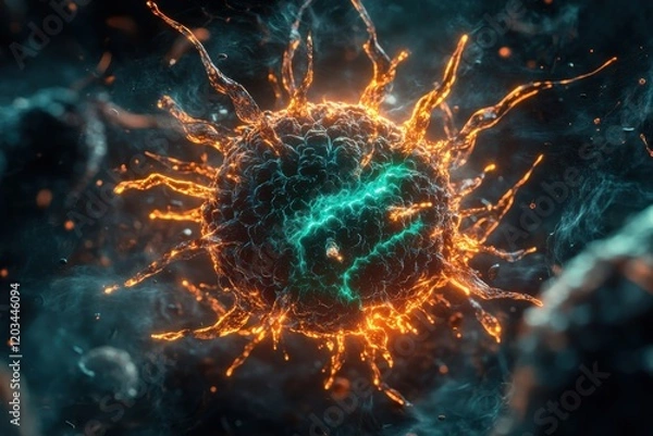 Fototapeta Vibrant digital representation of a virus in cosmic environment.