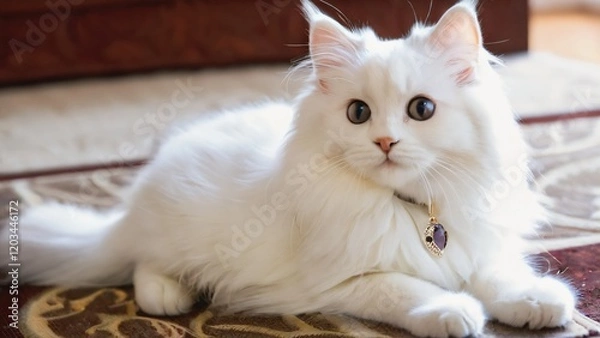 Fototapeta A white cat with a collar, lying on a patterned rug