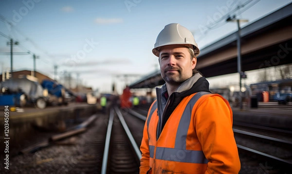 Obraz Civil engineer standing in front of a railway line under construction.