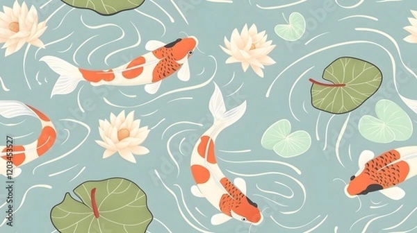 Fototapeta The Seamless Pattern of Koi Fish Swimming in a Serene Pond