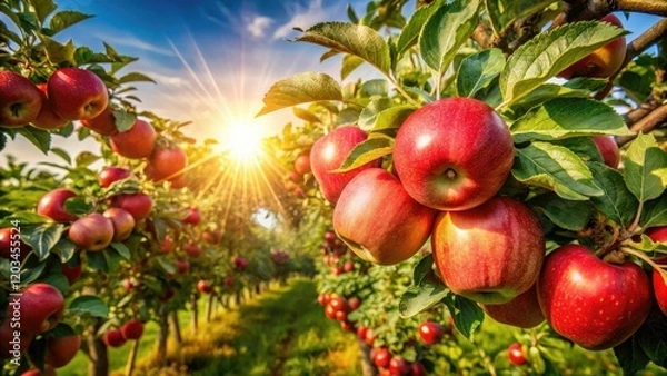 Fototapeta Ripe red apples hang heavy on branches, a vibrant autumn harvest scene viewed from above.