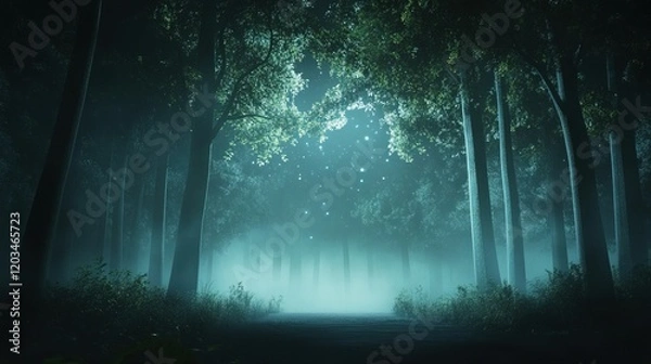 Fototapeta Enchanted Nightscape, a mystical forest illuminated by glowing ivy under a starry sky, creating a serene and magical atmosphere.