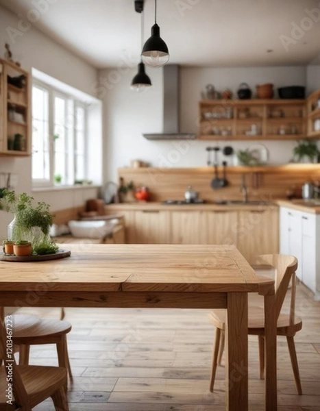 Fototapeta A large wooden table set against the backdrop of a blurred Scandinavian kitchen, blurred background, rustic wood