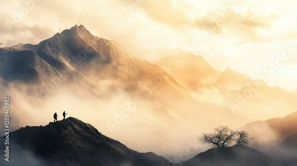 Fototapeta Mountain Adventure, Hiker shares routes with elder, rustic charm, layered peaks, connection across generations, vibrant landscape dialogue.