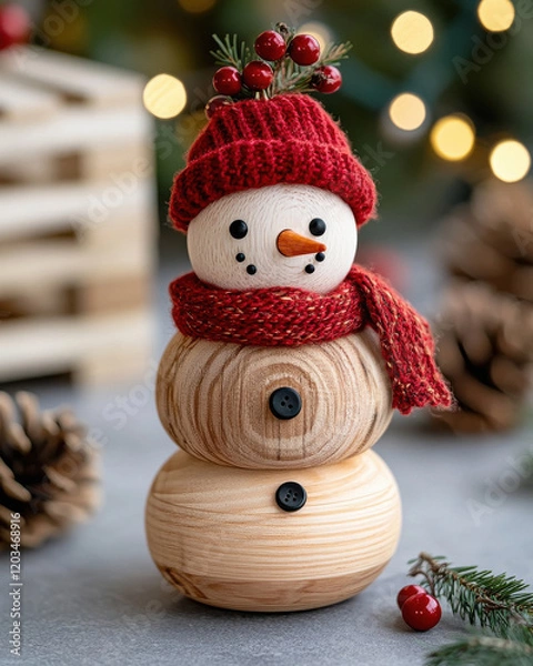 Fototapeta A handcrafted wooden snowman made of three stacked natural wooden logs, with a smooth texture and varying diameters from bottom to top.