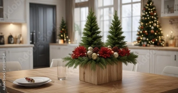 Fototapeta A modern kitchen table is dressed with a Christmas tree centerpiece, winter wonderland kitchen decor, modern holiday decor, greenery centerpiece