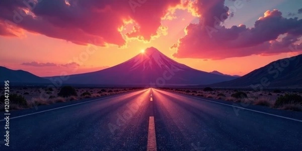 Fototapeta A Majestic Sunset Over a Mountain Range, Viewed from an Empty Highway