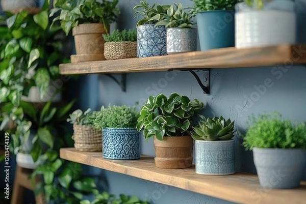 Fototapeta Decorative plant display on bright storage wall home interior shelf arrangement cozy environment close-up view of greenery