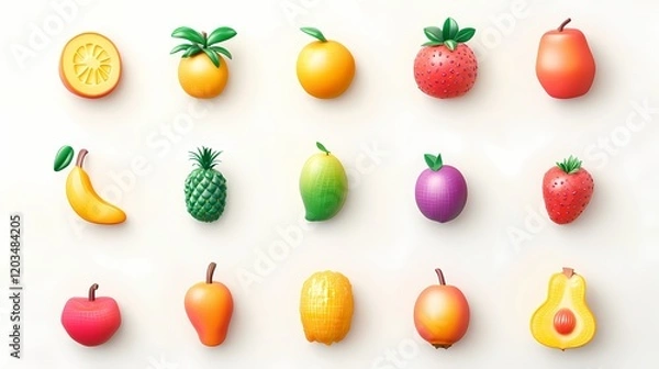 Fototapeta Colorful Collection of Cartoon Fruits Featuring Oranges, Strawberries, Bananas, Pears, and More Rendered in a Vibrant and Playful Style for Creative Projects