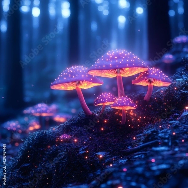 Fototapeta Enchanting night forest with glowing pink and purple mushrooms their light casting a mystical glow across the landscape set against a dreamy blue bokeh background to evoke a sense of wonder
