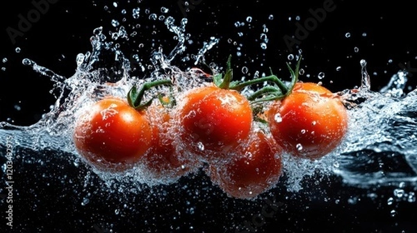 Fototapeta Vibrant red tomatoes splash dramatically in clear water, showcasing their freshness and vitality, surrounded by a cascade of sparkling droplets in mid-air.
