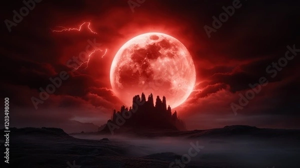 Fototapeta A stunning landscape showcasing jagged mountains illuminated by an enormous red moon, creating a captivating scene filled with drama and intrigue.