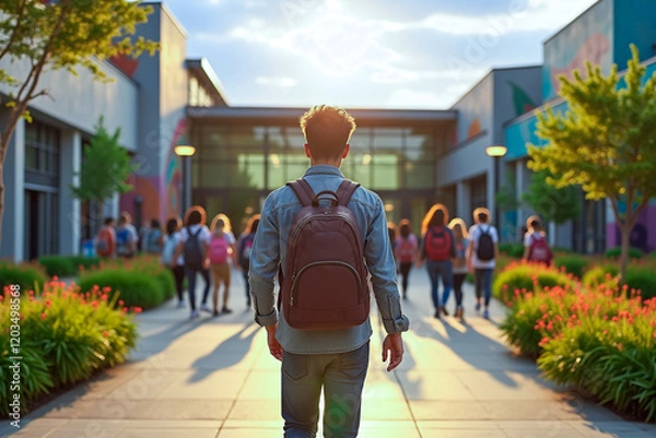 Fototapeta A young man, from behind, with a backpack, walking along a school building, in front of him, a group of students advance in the distance.