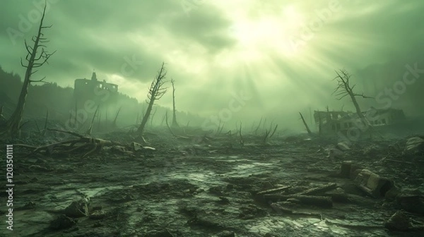 Fototapeta Post Apocalyptic Ruin Landscape Showing Sunlit Mist