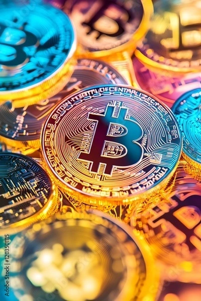 Fototapeta Close-up shot of various colorful cryptocurrencies, including Bitcoin, Litecoin, Ethereum, and others.  Illustrates the digital currency market.