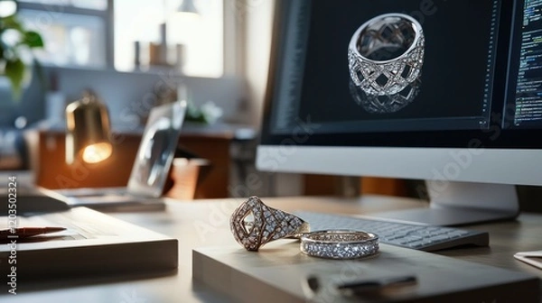 Fototapeta Jewelry designers focused on computer screens, crafting complex ring designs using CAD software, sleek modern workspace.