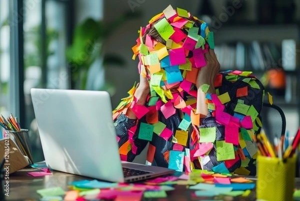 Fototapeta A person overwhelmed with colorful sticky notes covering their entire body and desk, seated in front of a laptop. Perfect for themes of stress, productivity, or office humor.