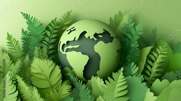Obraz Creative concept Earth Day banner template. Nature, trees and green leaves in paper cut out style. 3d render illustration style illustration.