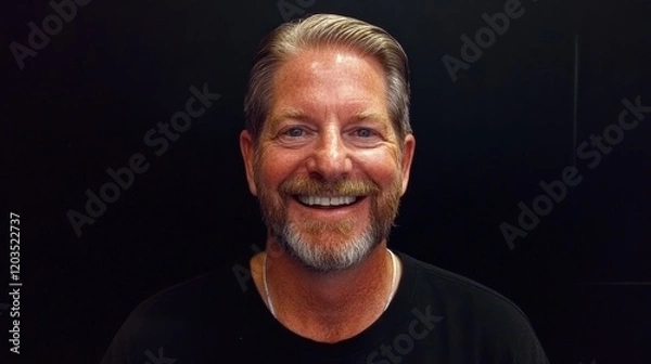 Fototapeta A man with a beard and a silver necklace is smiling. He is wearing a black shirt and a black tie