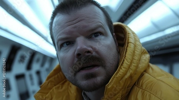 Fototapeta A man with a beard and mustache is wearing a yellow jacket. He looks cold and is staring at the camera