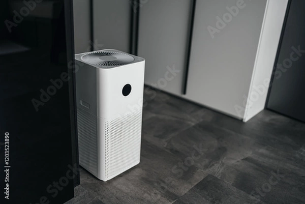 Fototapeta Stylish air purifier in the interior of a room with a gray floor and white walls. Technologies and health.