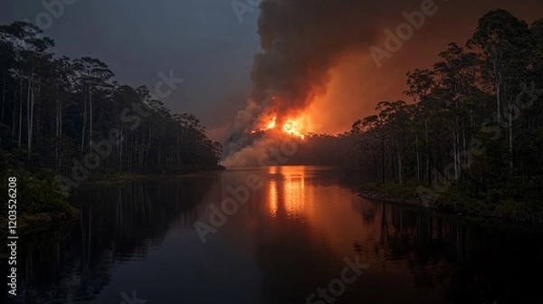 Fototapeta Devastating Night Fire Scene Over Calm Waters